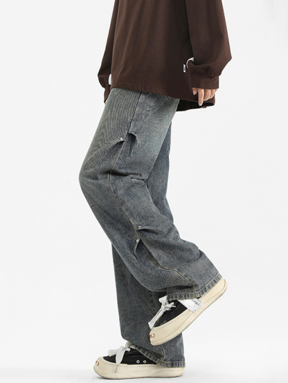 Rivet pleated design loose and versatile straight jeans