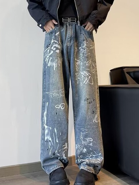 Street Art Denim Relaxed Wide-Leg Jeans with Graffiti Wash & Draped Silhouette