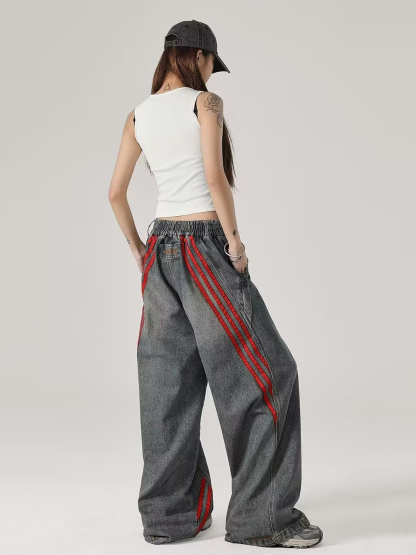 Relaxed Straight-Leg Pants with Distressed Striped Panels