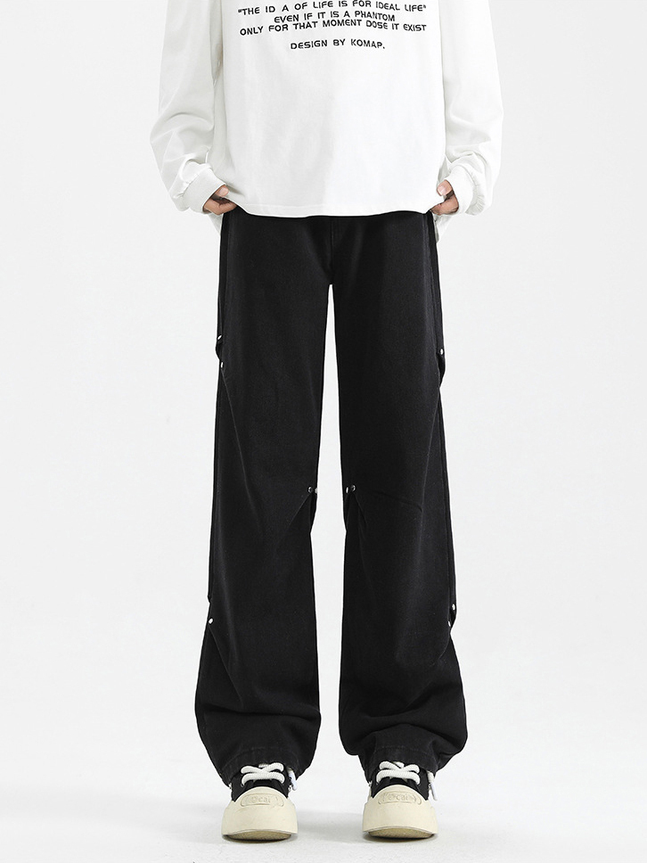 Rivet pleated design loose and versatile straight jeans
