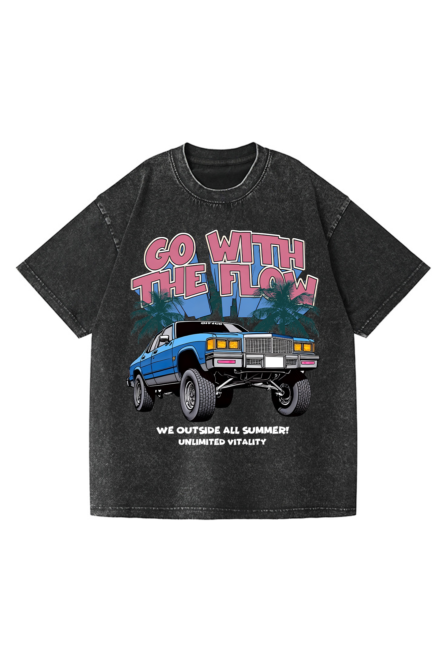 Heavyweight Vintage Automotive Art Print T-shirt for Vacation Style