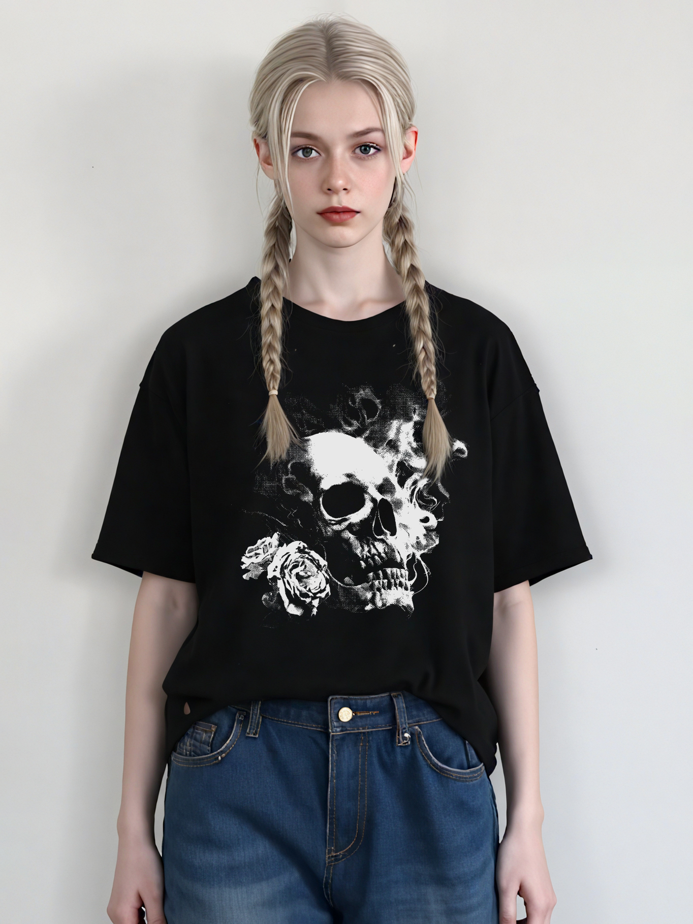 Skull and Roses Print Short-sleeved Couple T-shirt