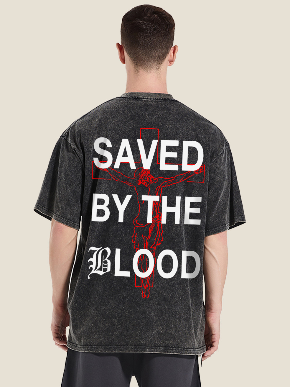 Saved By The Blood Printed Short-sleeved Washed Cotton T-shirt