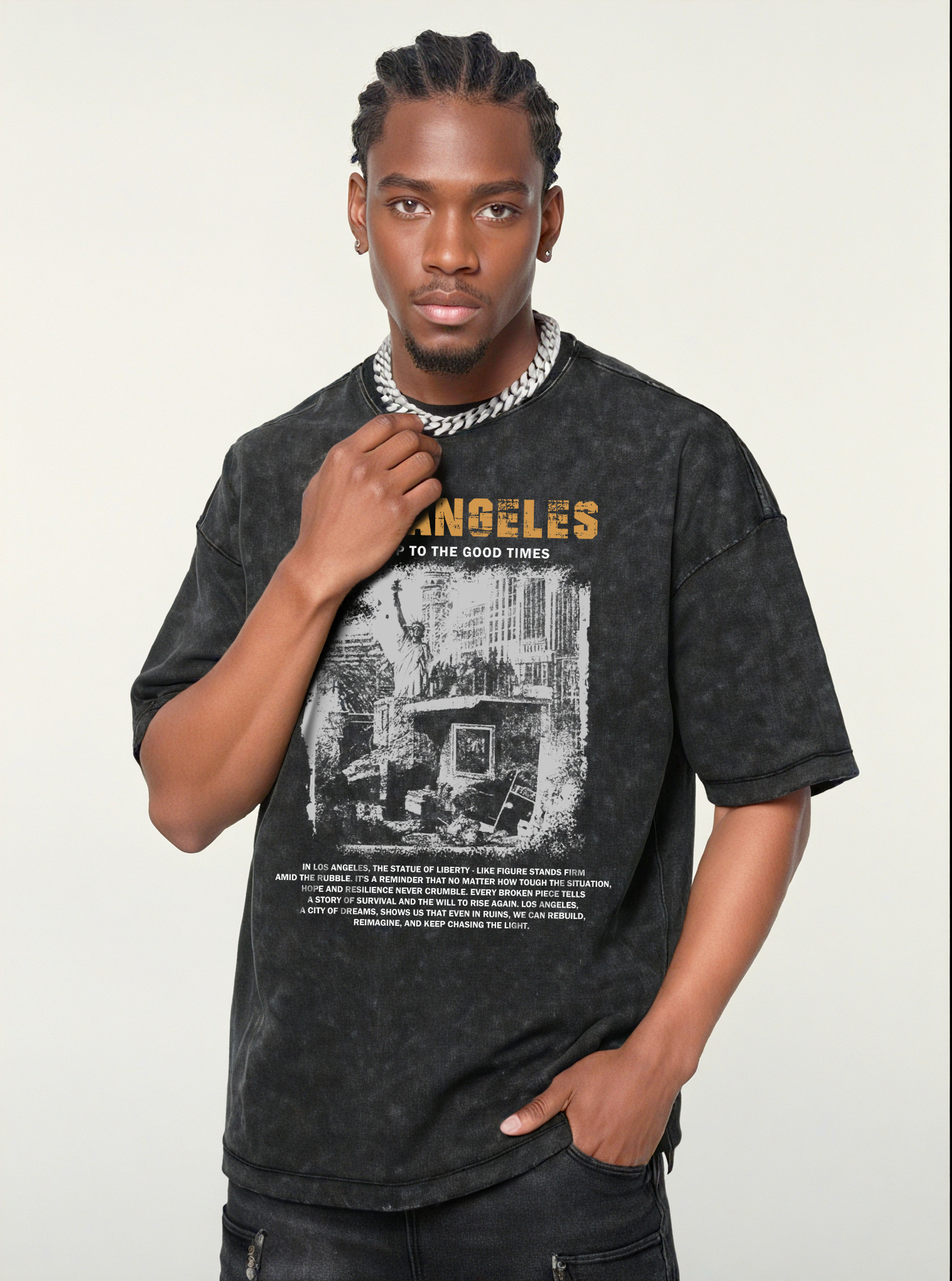 Los Angeles Printed Short-sleeved Washed Cotton T-shirt