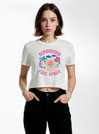 Sunkissed Printed High Waist Waist-Defining Essential Short-sleeve Top For Women