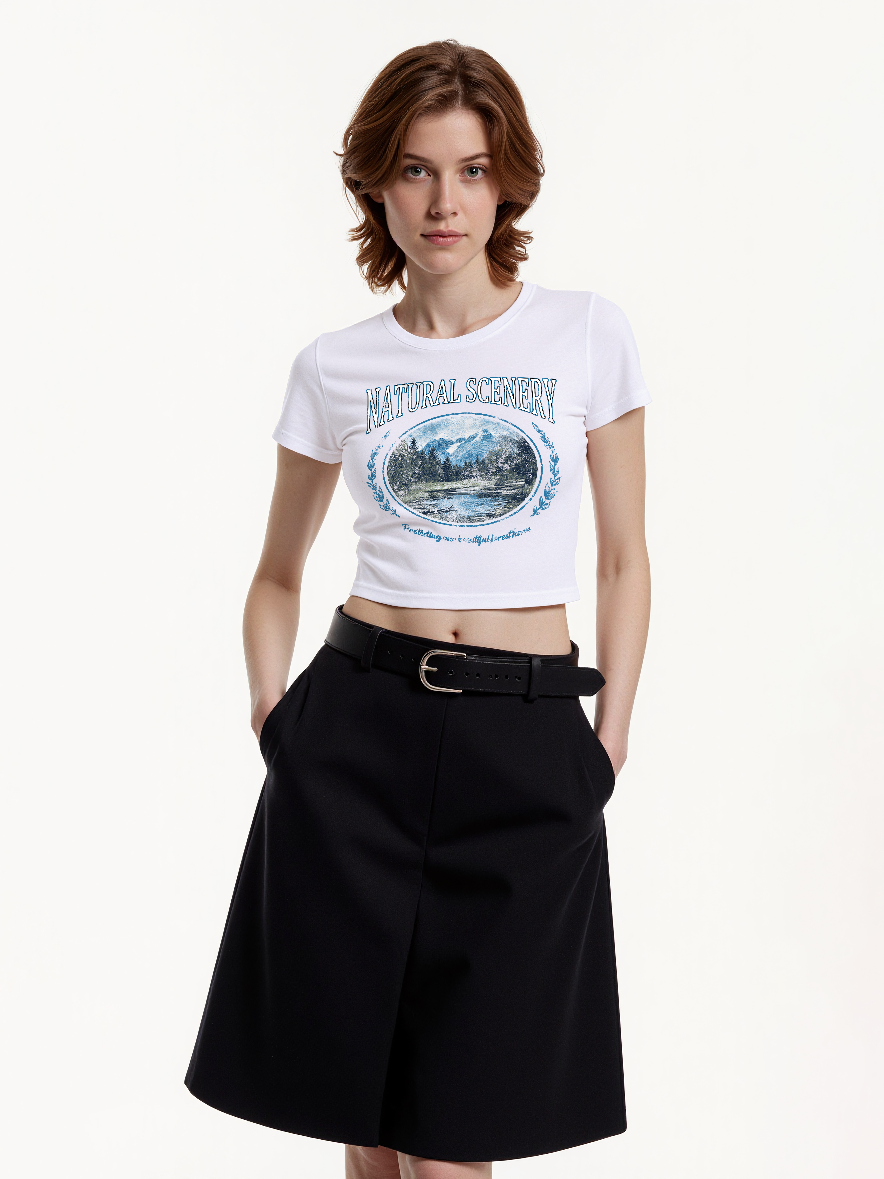 Natural Scenery Printed High Waist Waist-Defining Essential Short-sleeve Top For Women