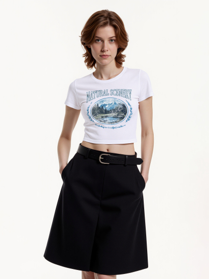 Natural Scenery Printed High Waist Waist-Defining Essential Short-sleeve Top For Women