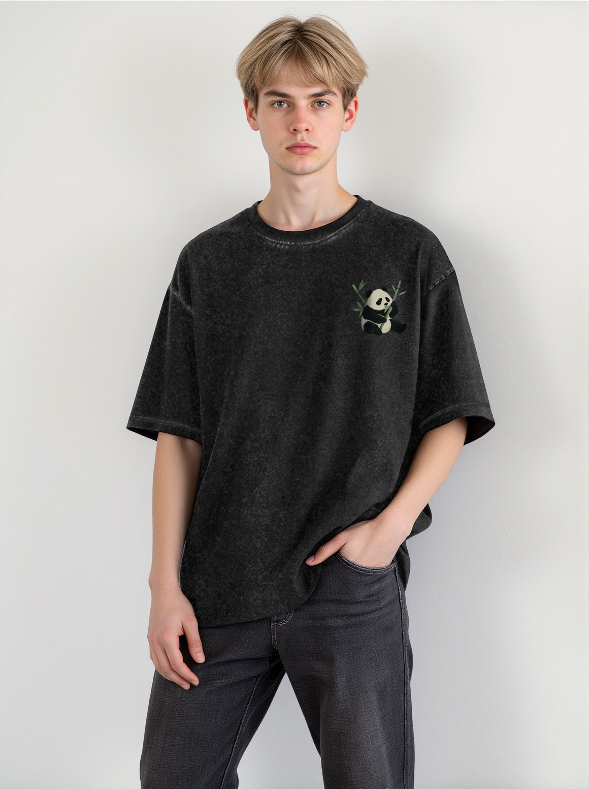 Panda Printed Short-sleeved Washed Cotton T-shirt