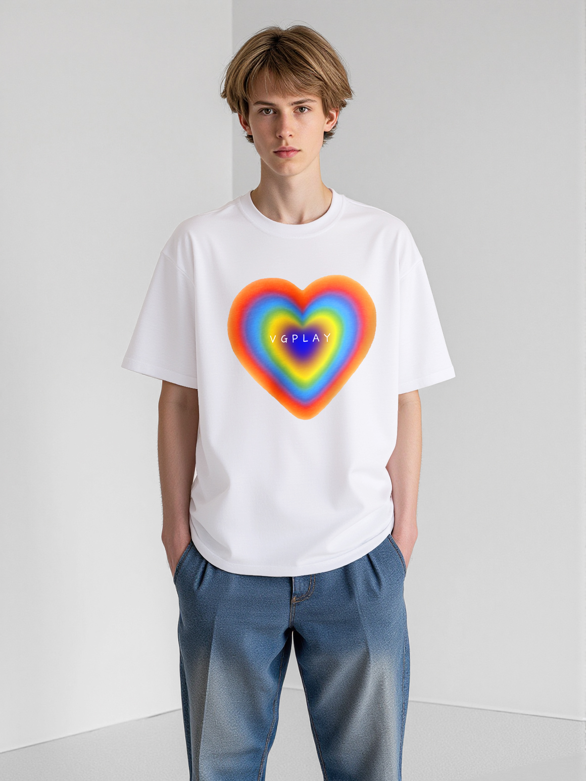 Rainbow Heart Printed Short-sleeved Cotton T-shirt