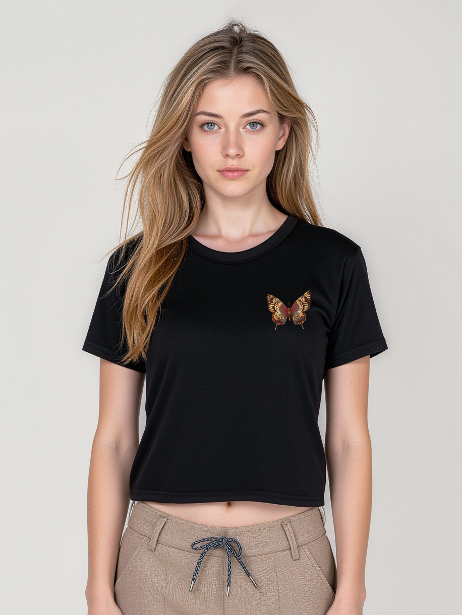 Butterfly Printed High Waist Waist-Defining Essential Short-sleeve Top For Women