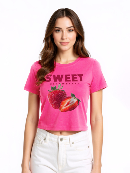 Sweet Strawberry Printed High Waist Waist-Defining Essential Short-sleeve Top For Women
