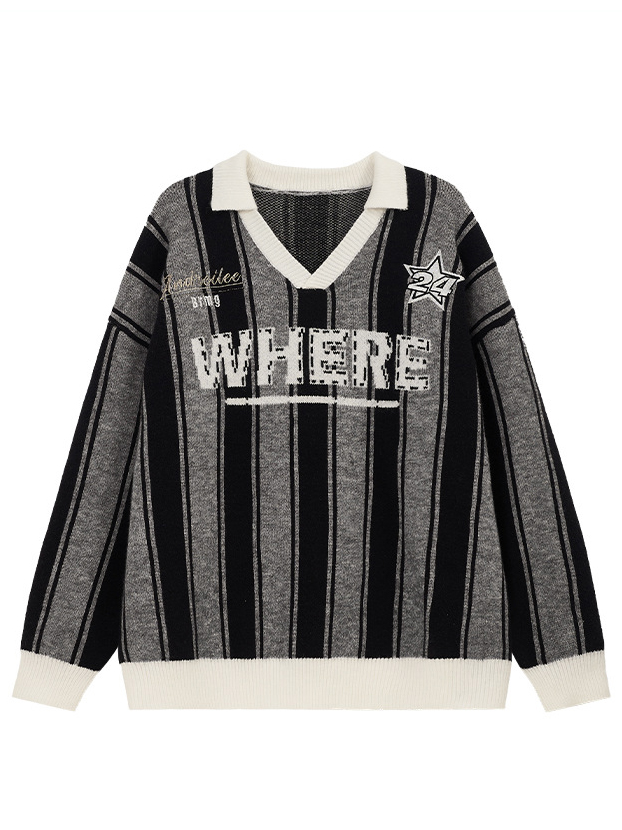 Spring Trendy Retro Streetwear Crewneck Sweater Embroidered Knit Pullover with Vintage Vibes