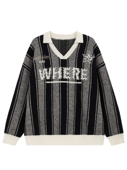 Spring Trendy Retro Streetwear Crewneck Sweater Embroidered Knit Pullover with Vintage Vibes