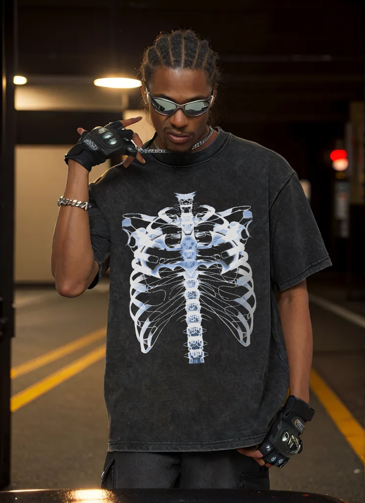 Distressed Skeleton Print Hip-Hop Streetwear T-Shirt