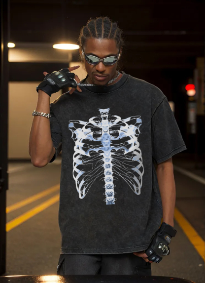 Distressed Skeleton Print Hip-Hop Streetwear T-Shirt