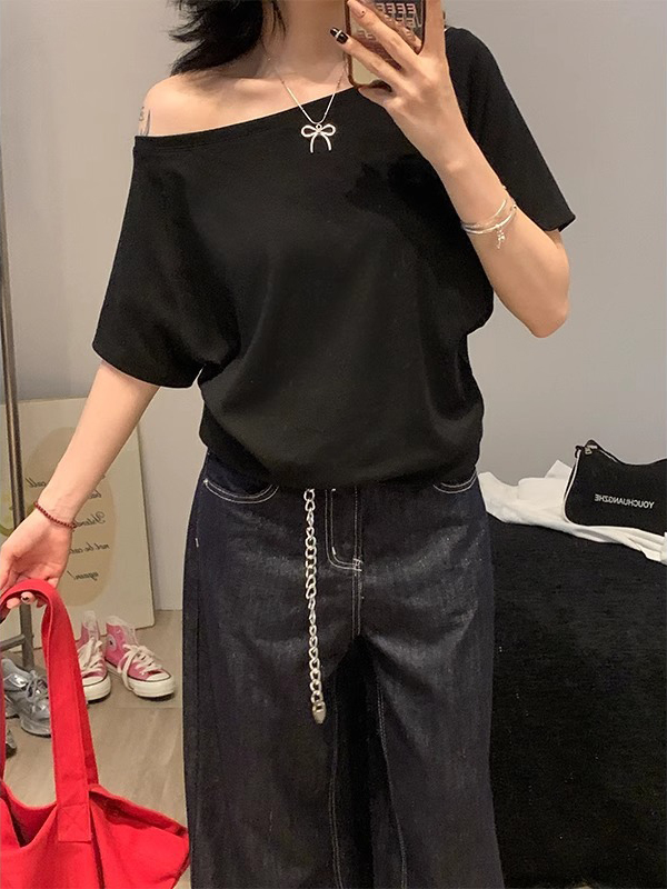 Basic Asymmetric Off Shoulder T-shirt For Women