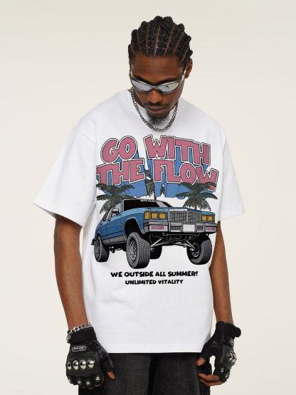 Heavyweight Vintage Automotive Art Print T-shirt for Vacation Style