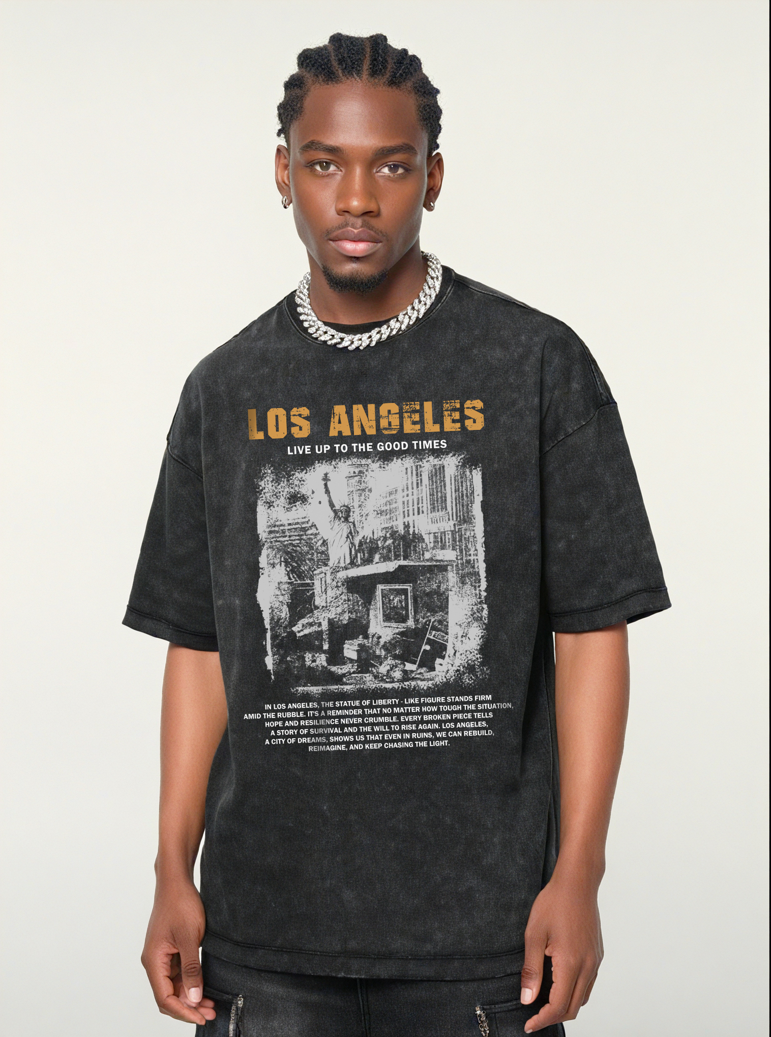Los Angeles Printed Short-sleeved Washed Cotton T-shirt