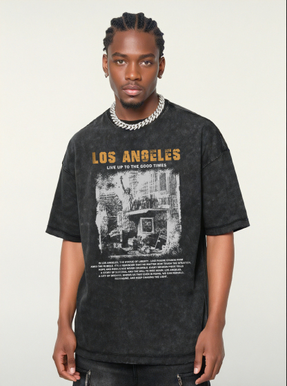 Los Angeles Printed Short-sleeved Washed Cotton T-shirt