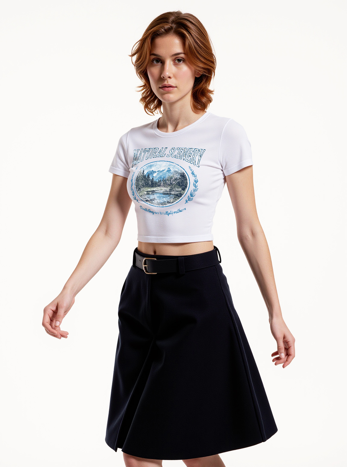 Natural Scenery Printed High Waist Waist-Defining Essential Short-sleeve Top For Women