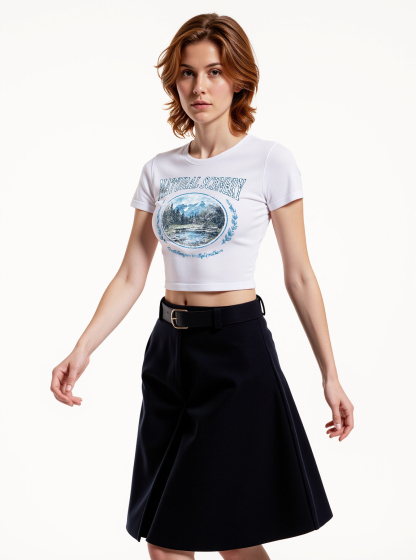 Natural Scenery Printed High Waist Waist-Defining Essential Short-sleeve Top For Women