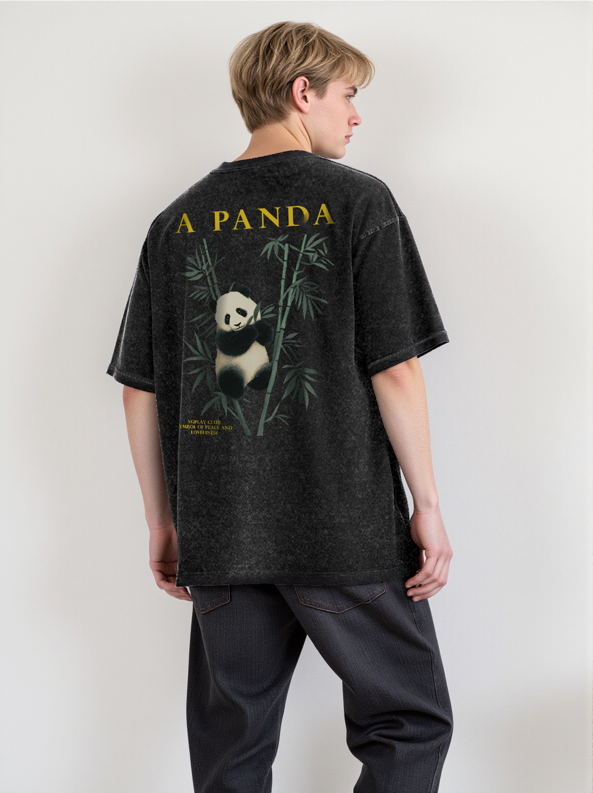 Panda Printed Short-sleeved Washed Cotton T-shirt