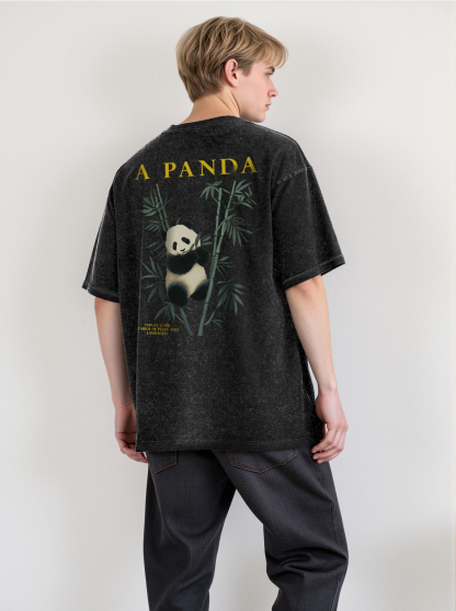 Panda Printed Short-sleeved Washed Cotton T-shirt