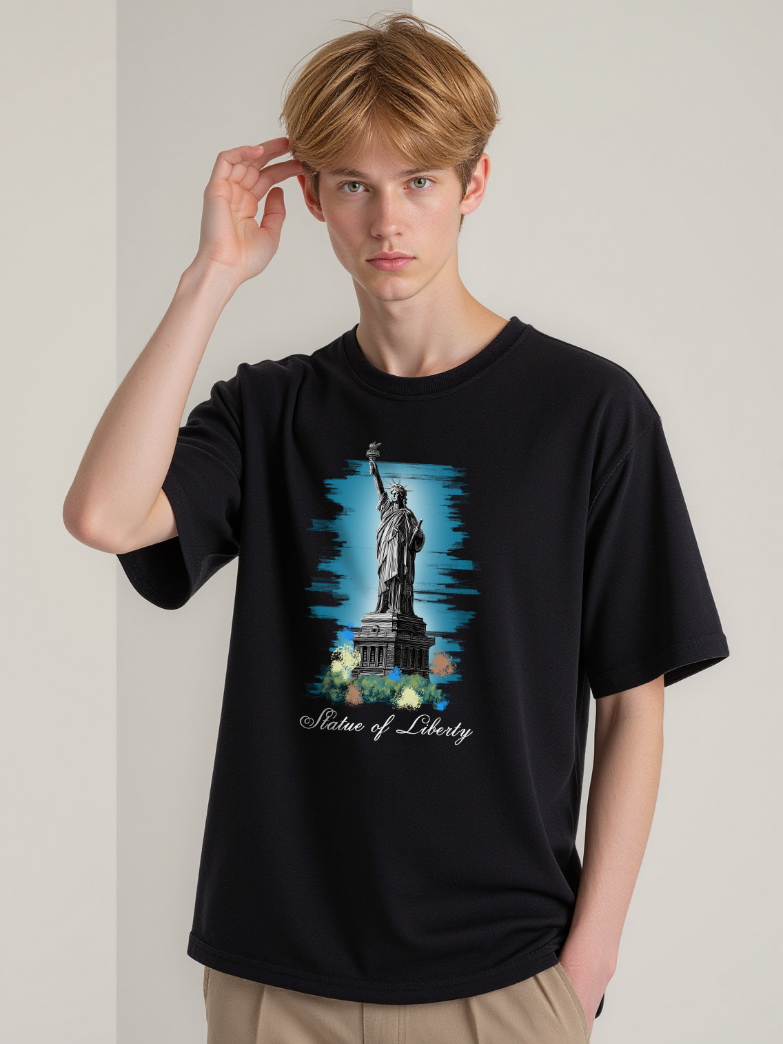 Statue Of Liberty Printed Short-sleeved Cotton T-shirt