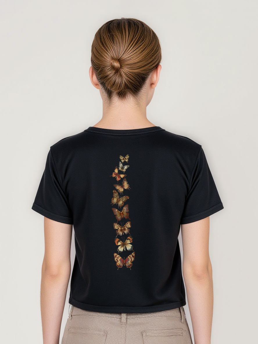 Butterfly Printed High Waist Waist-Defining Essential Short-sleeve Top For Women