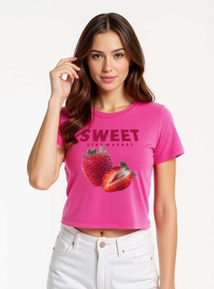 Sweet Strawberry Printed High Waist Waist-Defining Essential Short-sleeve Top For Women
