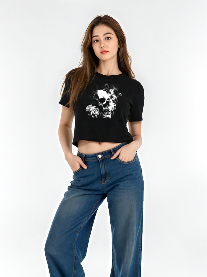 Skull and Roses Print Short-sleeved Couple T-shirt