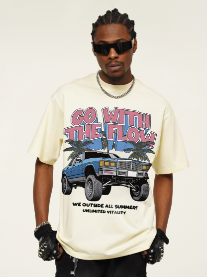 Heavyweight Vintage Automotive Art Print T-shirt for Vacation Style