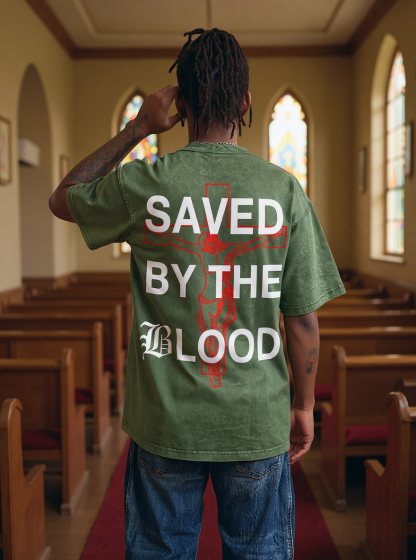 Saved By The Blood Printed Short-sleeved Washed Cotton T-shirt