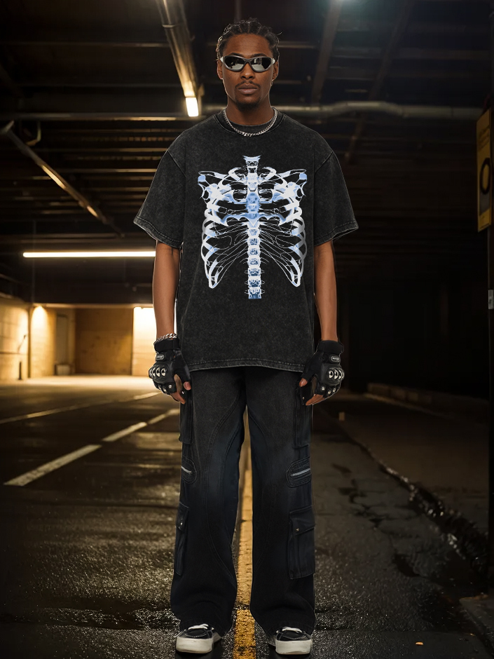 Distressed Skeleton Print Hip-Hop Streetwear T-Shirt