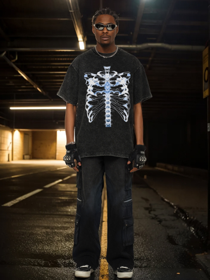 Distressed Skeleton Print Hip-Hop Streetwear T-Shirt