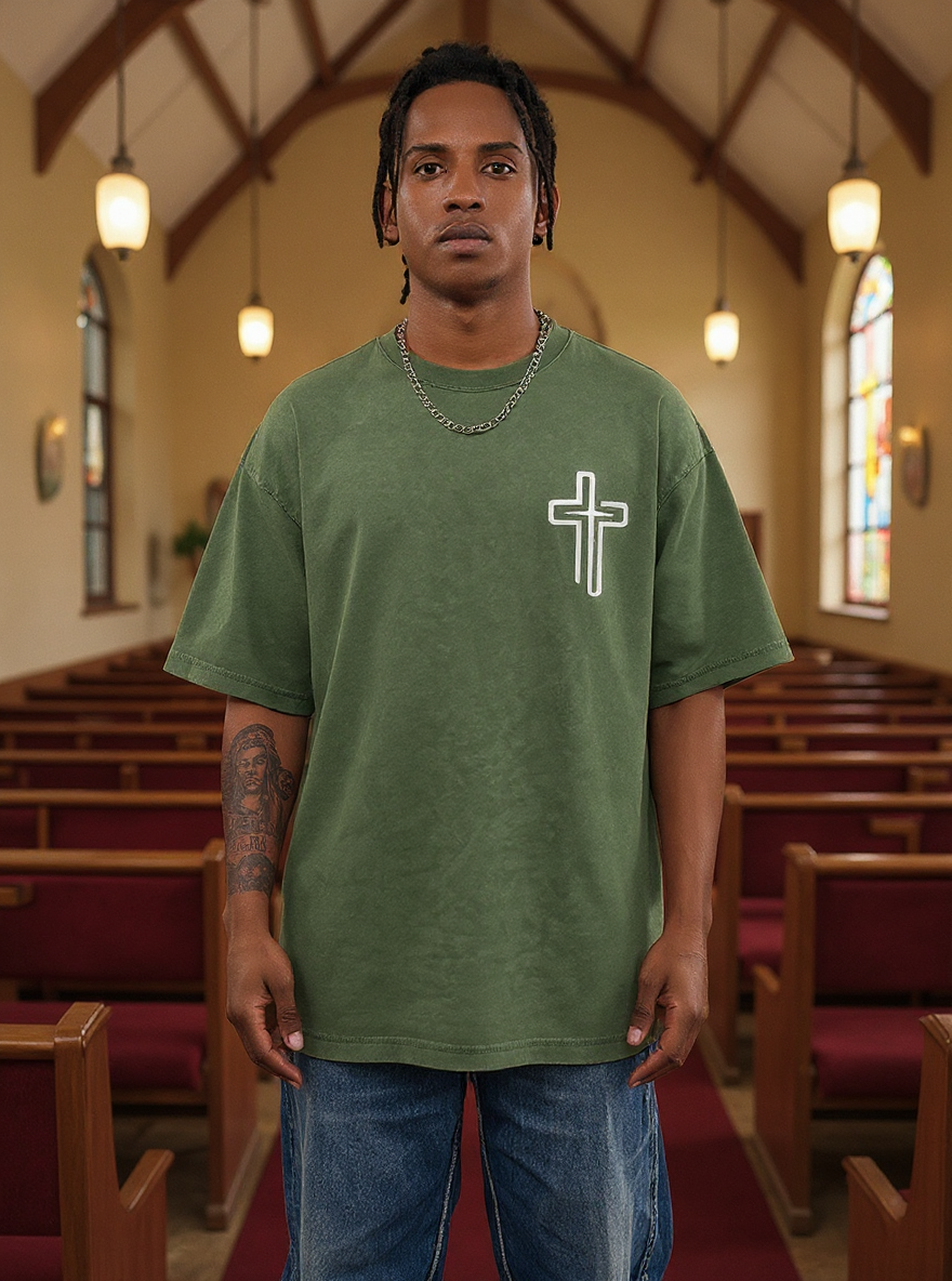 Saved By The Blood Printed Short-sleeved Washed Cotton T-shirt