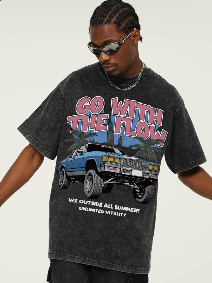 Heavyweight Vintage Automotive Art Print T-shirt for Vacation Style