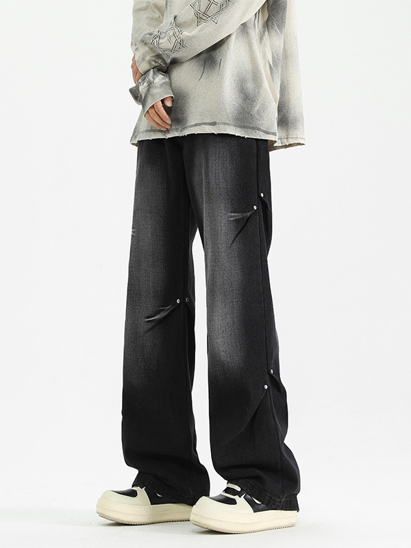 Rivet pleated design loose and versatile straight jeans