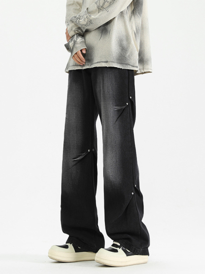 Rivet pleated design loose and versatile straight jeans