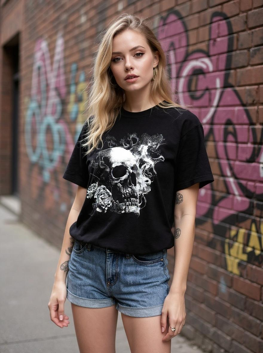Skull and Roses Print Short-sleeved Couple T-shirt