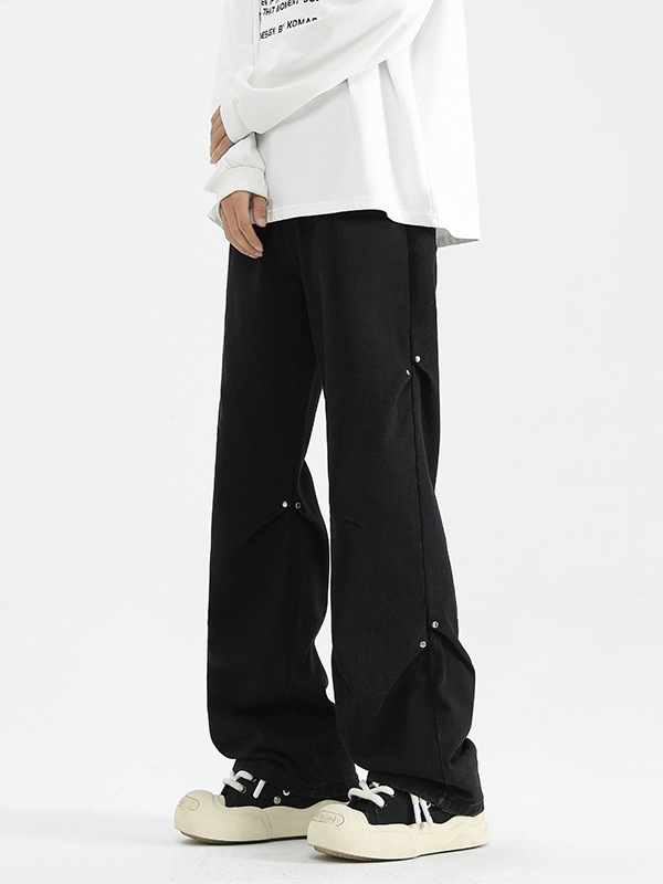 Rivet pleated design loose and versatile straight jeans