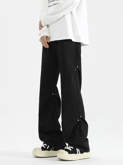 Rivet pleated design loose and versatile straight jeans