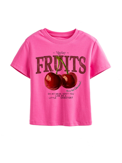 Cherry Printed High Waist Waist-Defining Essential Short-sleeve Top For Women