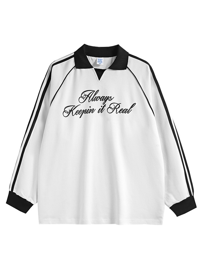 Lapel long-sleeved retro sports style T-shirt