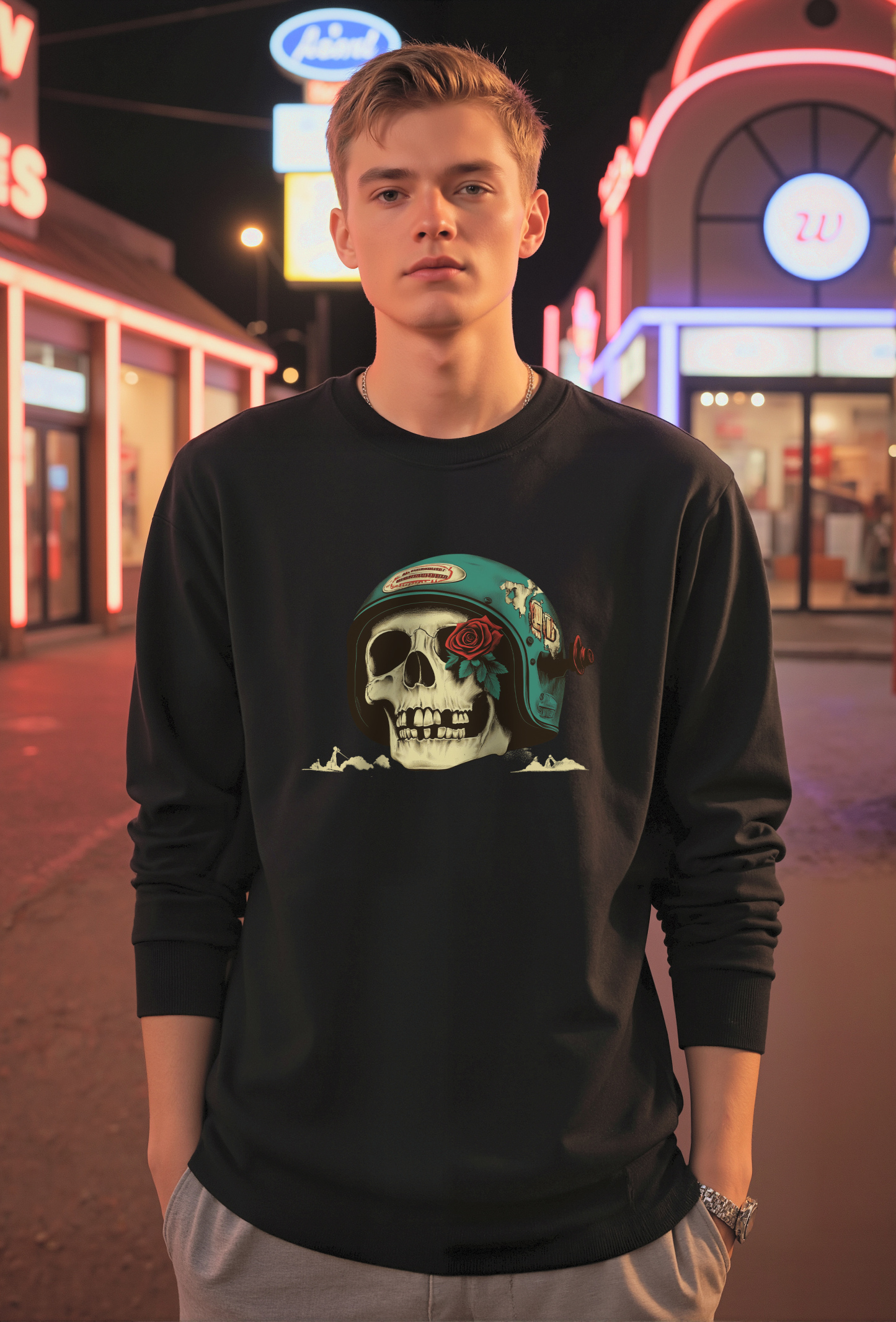 Skull Print Long-sleeved Cotton T-shirt