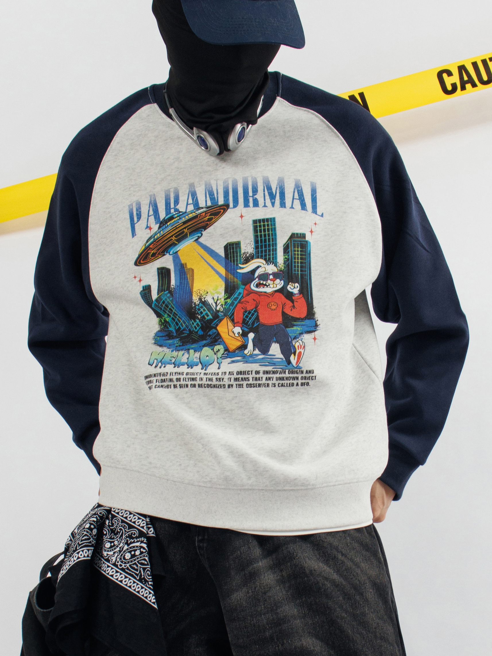 Paranormal UFO Destruction Print Long Sleeve Cotton T-Shirt