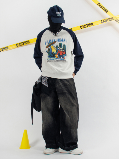 Paranormal UFO Destruction Print Long Sleeve Cotton T-Shirt