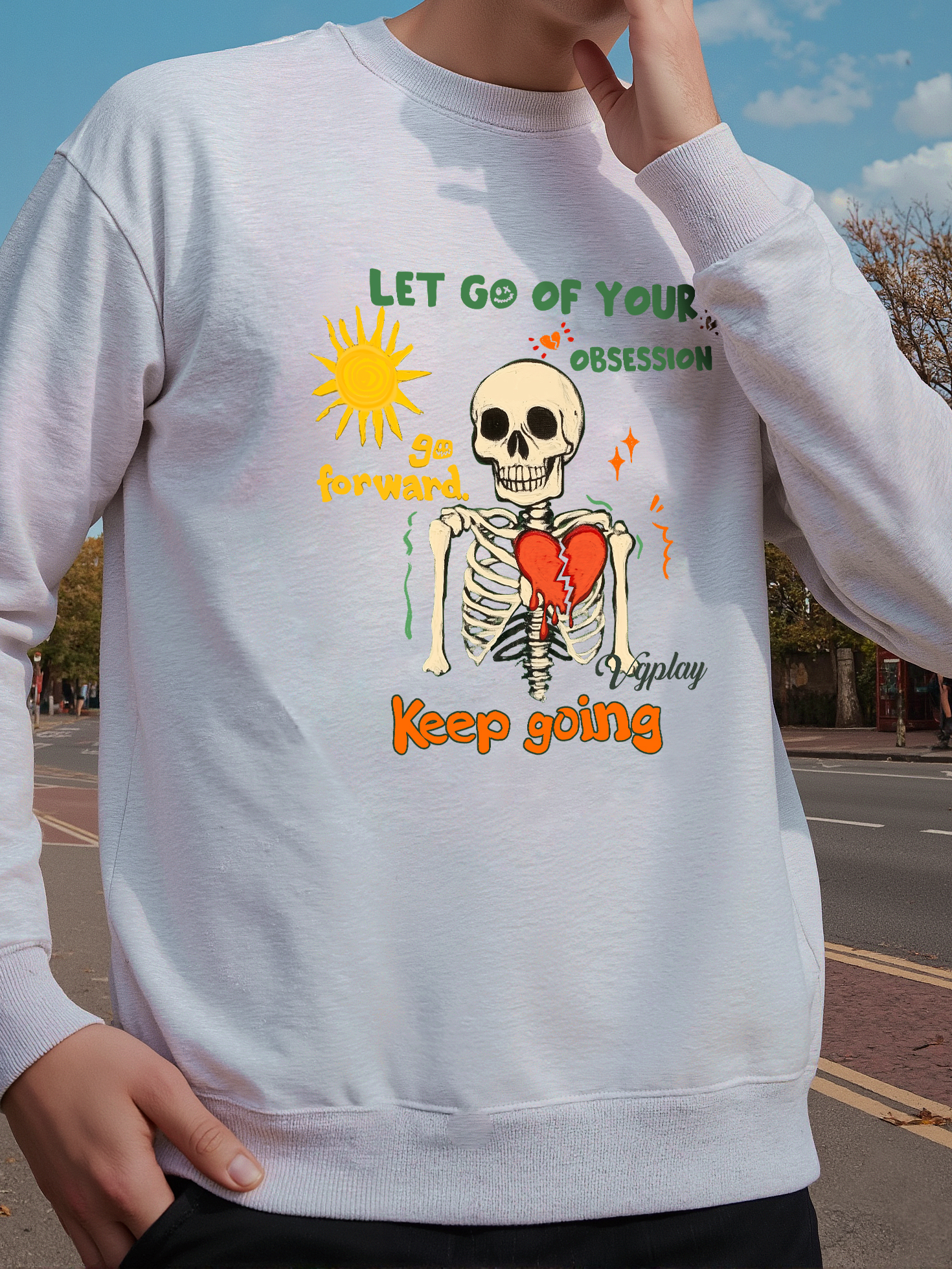 Keep Going Skull Print Long-sleeved Cotton T-shirt