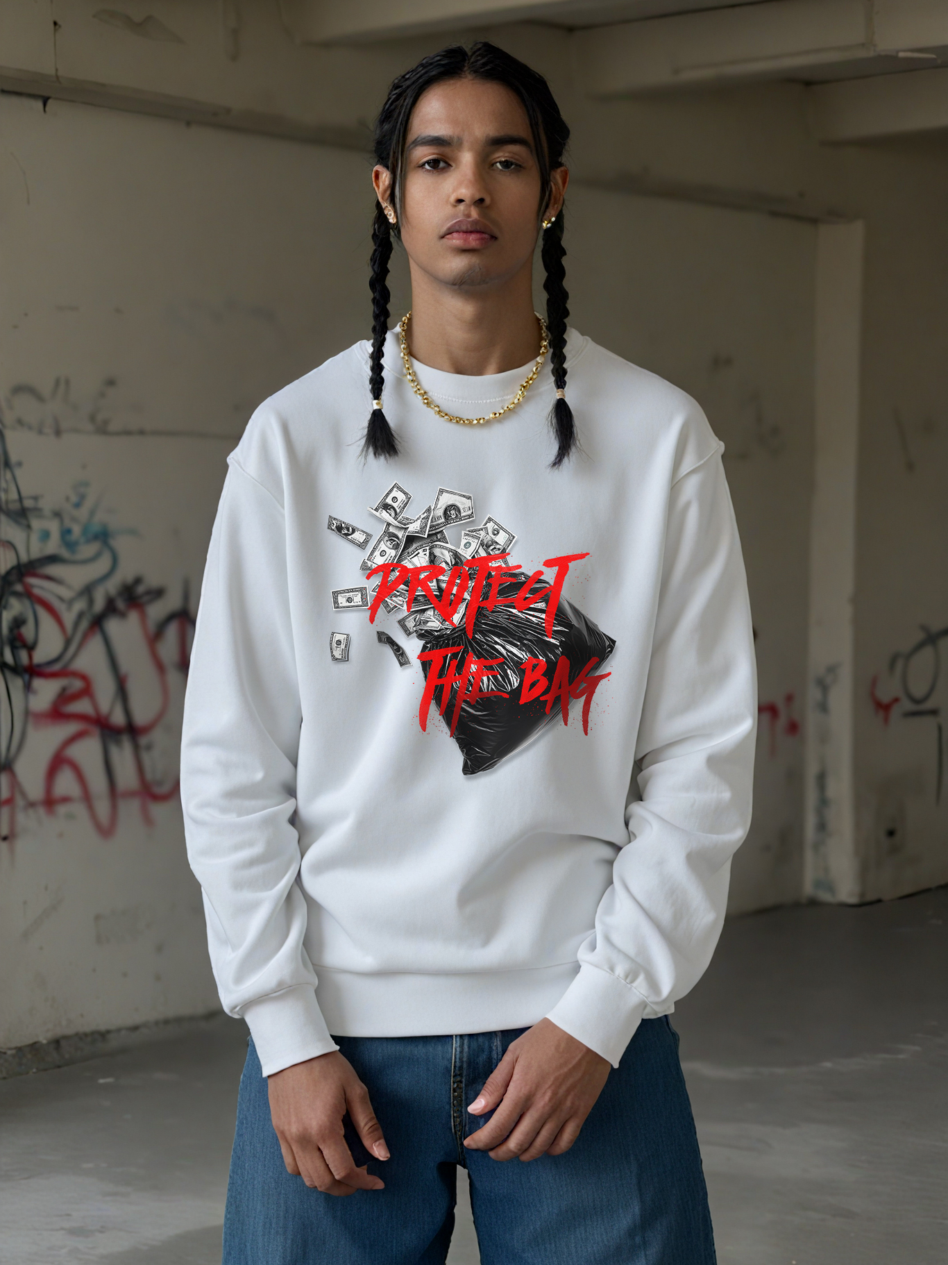 Protect The Bag Print Long-sleeved Cotton T-shirt