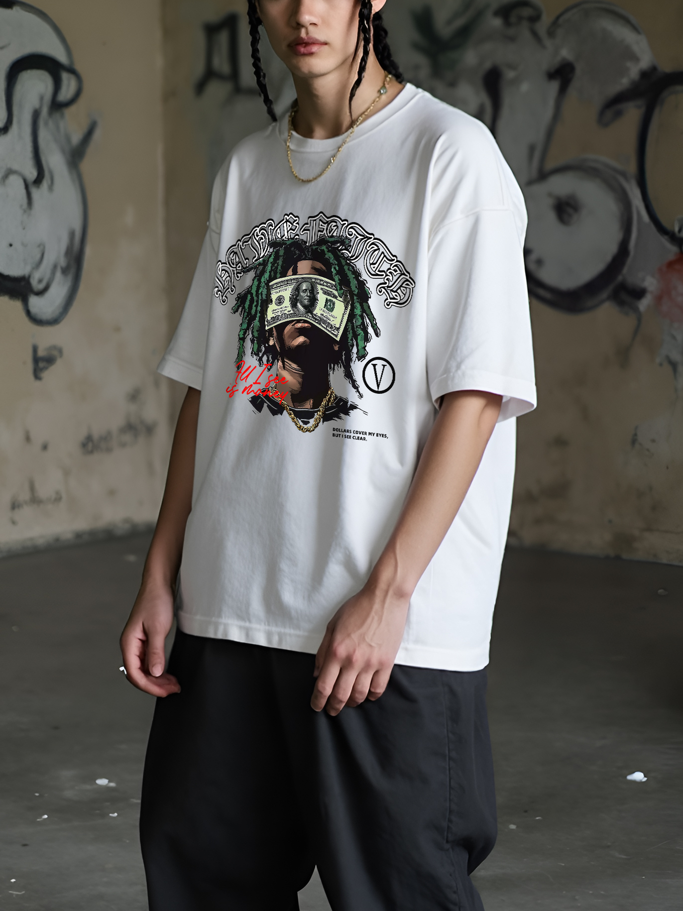 All I See Is Money Printed Short-sleeved Cotton T-shirt